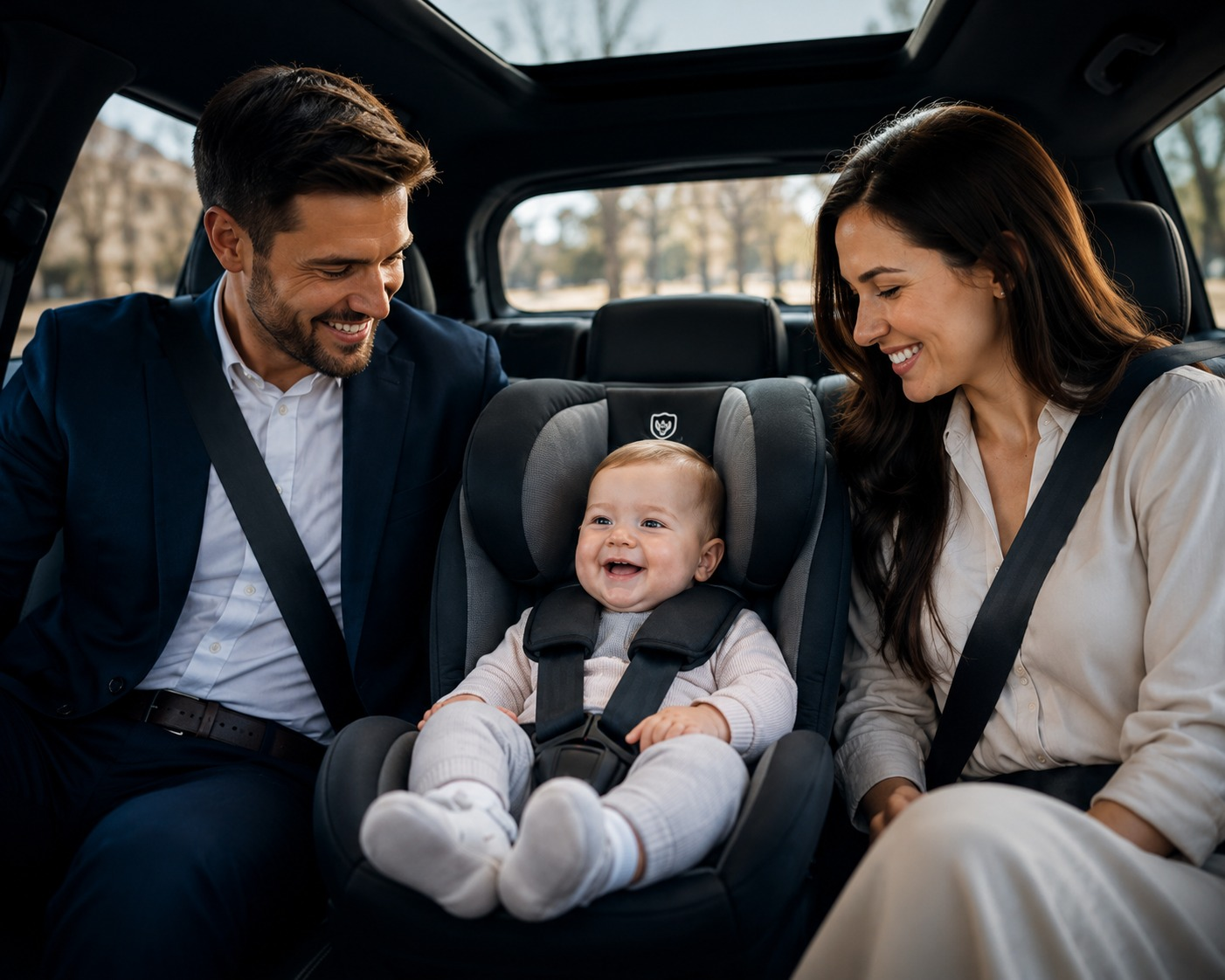 Family travelling safely in a premium baby taxi with an installed child seat