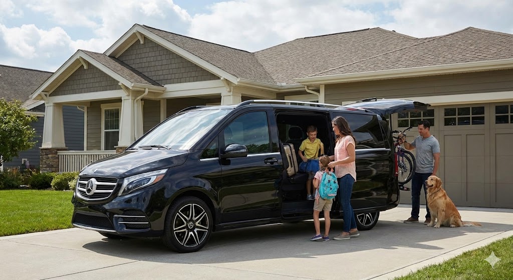 Premium black Mercedes seven-seat family transfer vehicle